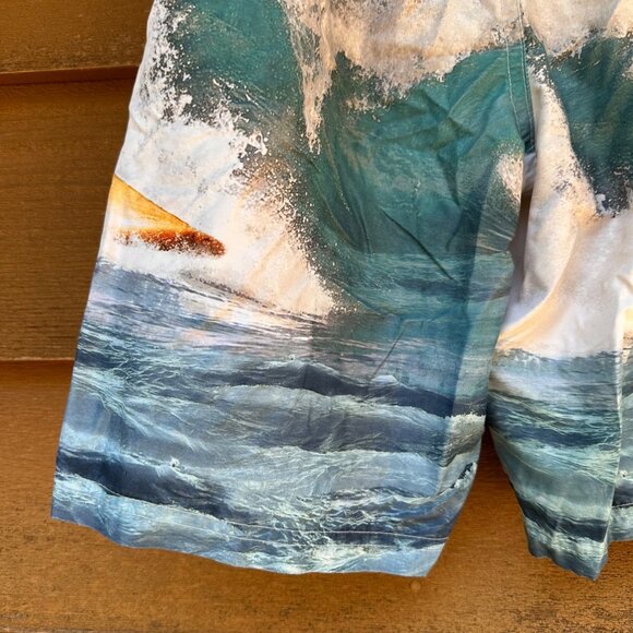 OP Boys Shark Swim Trunks Blue Ocean Surf Print Neon Yellow Waistband Size M 8 - Picture 9 of 9
